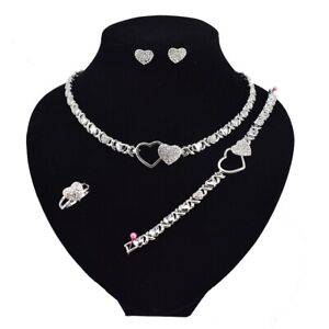 Women Hugs & Kisses Xo Necklace Ring Bracelet Earrings set Gold Plated #11Silver