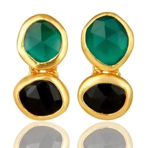18K Gold Plated 925 Sterling Silver Green Onyx Black Onyx Dangle Jewelry - Picture 1 of 3