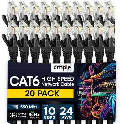 20 Pack Cat6 Ethernet Cable Reliable Gigabit LAN Cord with RJ45 Plugs Black - Image 1 of 4
