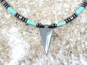 Men’s Women’s ARROW Pendant Magnetic Hematite Necklace Chalk Turquoise - Picture 1 of 4