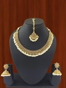 Indian Bollywood Jewelry Set Ethnic Gold Plated Necklace Earring Tikka Set - Picture 1 of 3