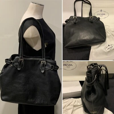 Auténtico Bolso de Mano PRADA Italia Cuero Napa Negro, Bolso de Hombro, Hebillas Plateadas Foto 1 de 4