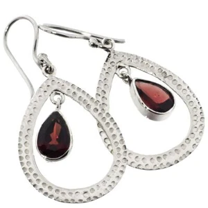 925 Silver Pear Red Garnet Hammered Sterling Teardrop Hoop Earrings, 1" - Picture 1 of 3