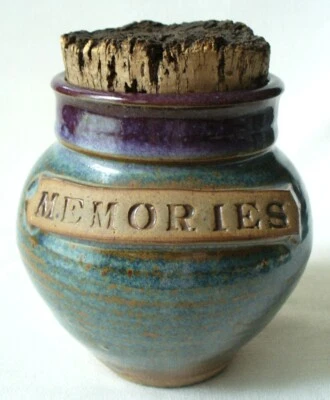 Signed~DAVE~Handcrafted~CERAMIC~6"x5"~Cork Lided Jar~MEMORIES~Rippled Body~EC - Image 1 of 4