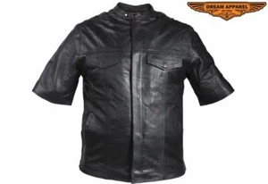 Men's Motorcycle Light Weight Short Sleeve Leather Shirt with Multiple Pockets - Picture 1 of 12