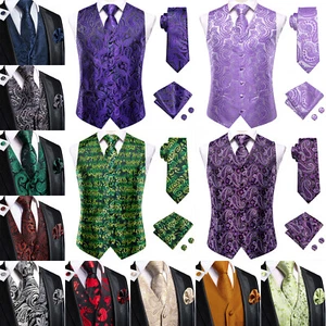 Hi-Tie Mens Waistcoat Paisley Floral Silk Vest Tie Hankie Cufflinks Set Wedding - Picture 1 of 209