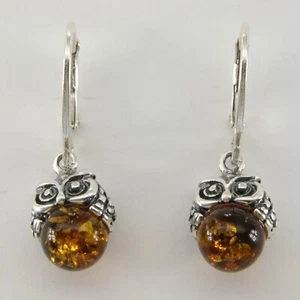 Cognac/braun BALTIC BERNSTEIN Eule Hebel Ohrringe 925 STERLINGSILBER #3555e