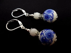 A PAIR OF PORCELAIN FLORAL BEAD DROP DANGLY LEVERBACK HOOK EARRINGS. NEW. - Picture 1 of 1
