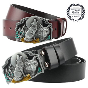 Mens GENUINE LEATHER Belt Luxury Fashion Casual Jeans Wolf Moon Nature Buckle