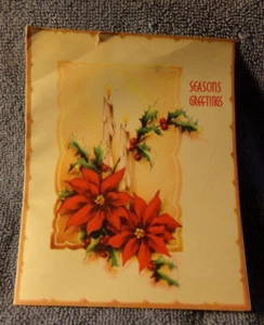 Vintage Christmas Card 1940s Canada Seasons Greetings 2 White Candles Poinsettia - Picture 1 of 3