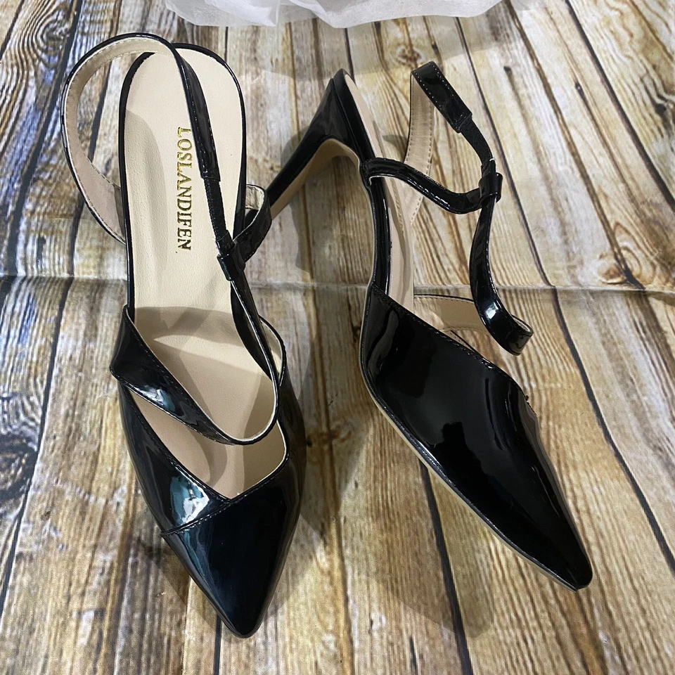 "Tacones de aguja Loslandifen para mujer talla Euro 37 charol negro 3 1/2""" Foto 1 de 4