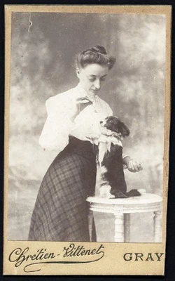 elegante mujer con perro dulce, azúcar, divertido, de Vittenet, GRIS, CDV antiguo, años 1880 Foto 1 de 4