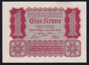 Austria 1 Corona 1922 Antiguo Billete Billete Moneda Pick 73 aUNC - Imagen 1 de 2