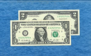 SUPER RARE REVERSE MATCHING NOTES $1 AND $2 DOLLAR BILLS - Picture 1 of 5