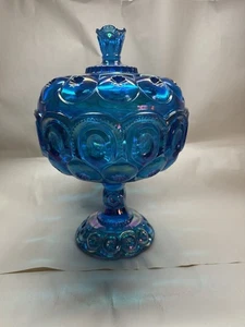 Moon And Star Glass Colonial Blue Carnival Extra Large Compote Candy Dish - Picture 1 of 6