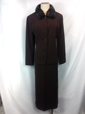 Vtg Jaclyn Smith Skirt Suit Womens 14 Brown Faux Fur Collar Blazer 90s Career - Image 1 of 4