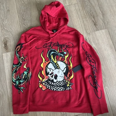 Ed Hardy Hombre Gráfico Manga Larga Sudadera con Capucha Rojo Calavera Cobra Dragón Tatuaje XL NUEVO Foto 1 de 4