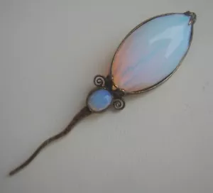 Vintage Hammered 925 Sterling Silver Opalescent Gemstone Brooch Girasol Quartz - Picture 1 of 15