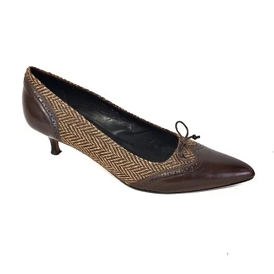 Ralph Lauren Collection Brown Leather & Herringbone Heels Size 9 B - Image 1 of 4