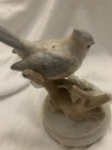 PORCELAIN GLAZED MUSIC BOX BLUE & WHITE BIRD FLOWER PLAYS “More” - Picture 1 of 7