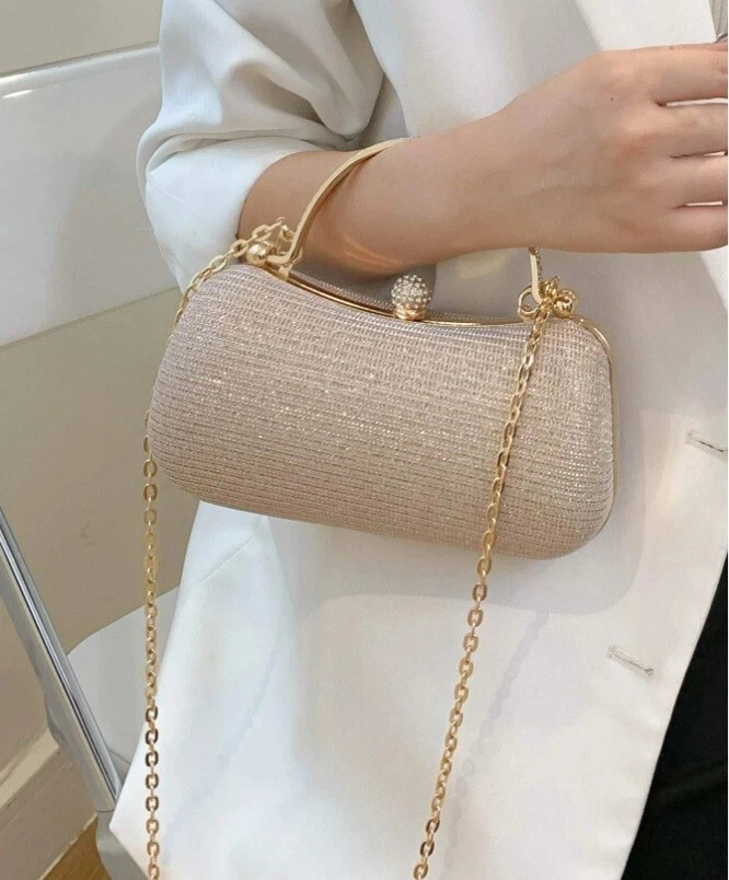 Women's Small Champagne Gold Rhinestone Decor Gold Chain Box Bag Double Handle - Image 1 of 4