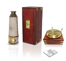 Spyglass Nautical Antique Telescope With Brass Sundial Compass With Wood Box