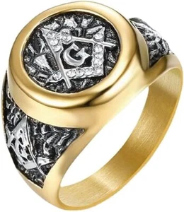 Herren Damen Freimaurer Freimaurer Weiß CZ Goldener Ring Edelstahl US Größe 7-15 - Bild 1 von 7