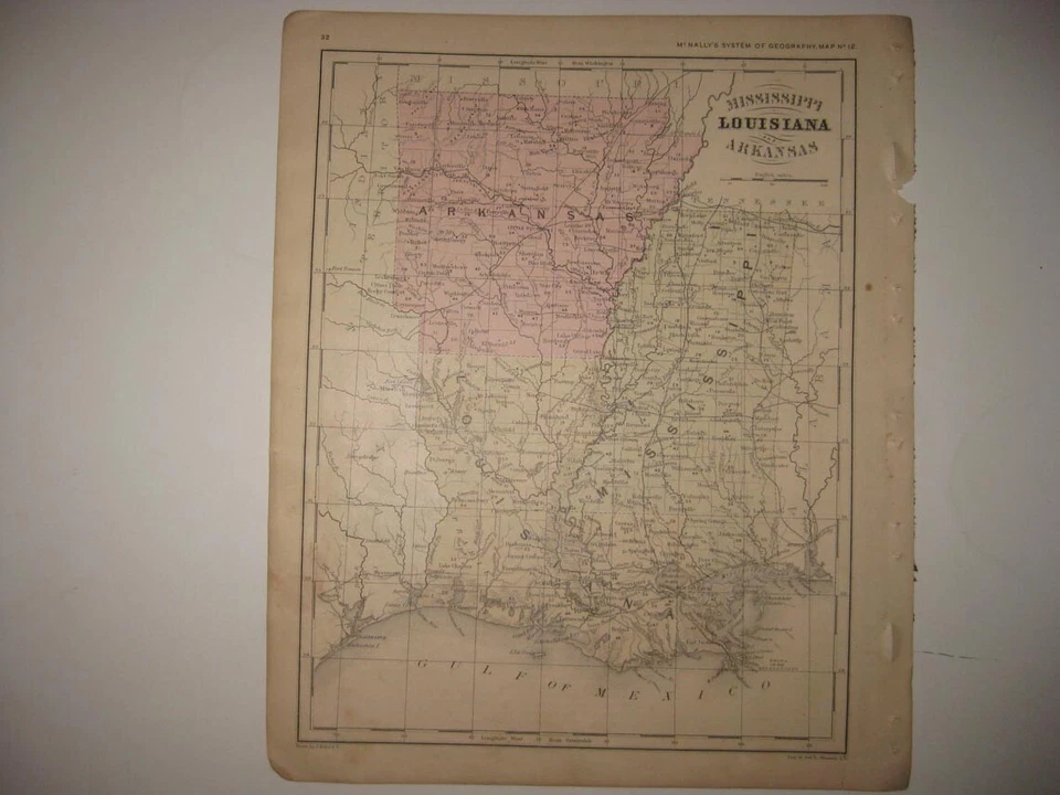ANTIGUO MAPA 1866 MISSISSIPPI LUISIANA ARKANSAS COLOREADO A MANO FERROCARRIL DE NUEVA ORLEANS Foto 1 de 1