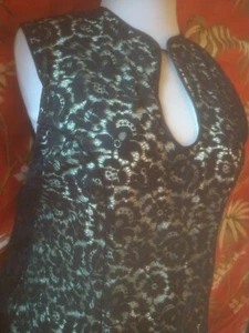 Vintage 50s Lime & Black Sexy Nylon Lace Keyhole Blouse Rockabilly Pinup Large - Picture 1 of 7