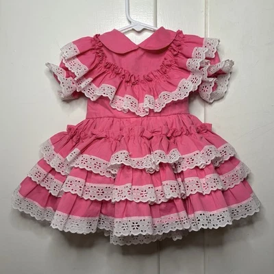 Vintage 80s Toddler Pink Frilly Ruffled Lace Layered Pageant Party Circle Dress - Image 1 of 4