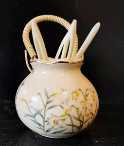 Vintage Ceramic Art Pottery Basket Floral Asian With 4 Cocktail Pics - Picture 1 of 9