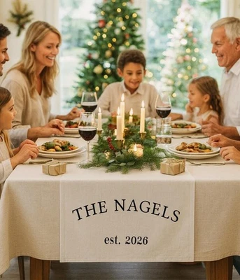 Custom Family Name Wedding Sign,Personalized Linen Table Banner with Est. Date - Image 1 of 4