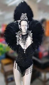 Da NeeNa C727S Glitter White Black Moulin Rouge Feather Crystal Dance Shoulder - Picture 1 of 4