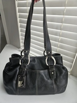 BOLSA DE OMBRO TIGNANELLO COURO PEBBLED PRETO ALÇA DUPLA EXCELENTE ESTADO USADO - Imagem 1 de 4