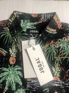 JOGAL camicia hawaiana nera con bottoni manica corta tasca uomo taglia media nuova - Foto 1 di 11