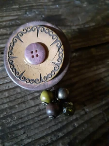Handmade Button Brooch - Green & Beige with Dangles - Picture 1 of 3