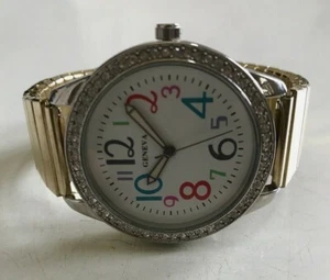 Women's Multicolor Number Stretch Band Silver & Gold Finish Fashion Watch - Picture 1 of 5