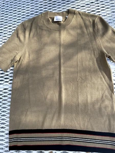 BURBERRY Icon Stripe short sleeve beige brown wool  Sweater top  Check Trim S - Picture 1 of 5