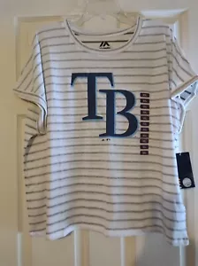 Majestic Women's Tampa Bay Rays Size 2XL/XXL Short Sleeve White Striped Shirt - Picture 1 of 5