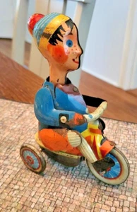 Vintage Kovap Tinplate Toy 5" Boy On A Tricycle Peddaling Windup Tin Toy No Key - Picture 1 of 3