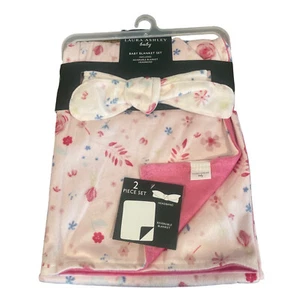 Laura Ashley Girls 2pc Pink Floral Reversible Baby Blanket & Headband Gift Set  - Picture 1 of 7