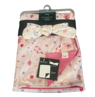 Laura Ashley Girls 2pc Pink Floral Reversible Baby Blanket & Headband Gift Set  - Image 1 of 4