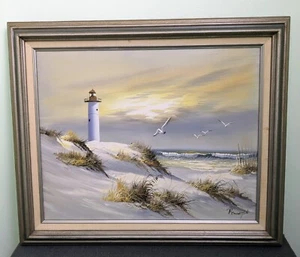 Original Seascape Beach w/Lighthouse Oil Painting Canvas Signed REMINGTON,24x21” - Picture 1 of 10