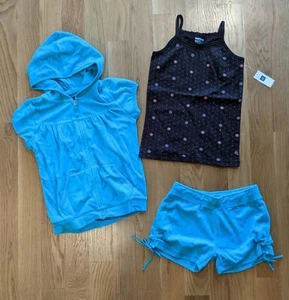 NWT Gap Kids Girls XL 12 Blue Terry Hoodie Jacket Shorts Dark Brown Tank Top Set - Picture 1 of 4