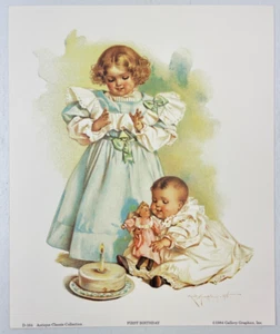 Vintage 1984 Baby First Birthday Cake w/ Slightly Older Sister Art Print - Picture 1 of 4