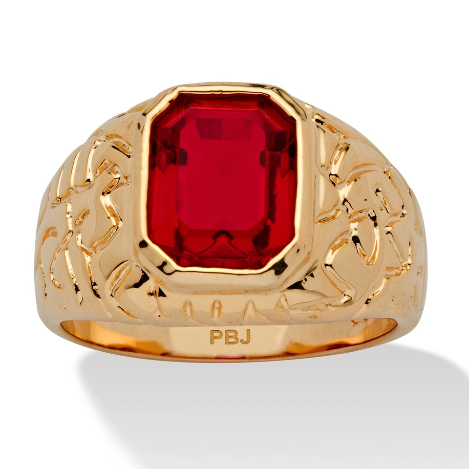 Men's 2.75 TCW Emerald-Cut Simulated Ruby Gold-Plated Nugget Style Ring - Image 1 of 4