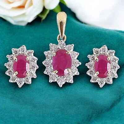 Pave 4.30 TCW Round Brilliant Cut Diamonds Ruby Pendant Earrings Set in 14K Gold - Image 1 of 3
