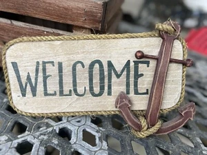 Nautical Welcome Sign With Anchor Wooden Sign W/ Raffia Border/Accents - Picture 1 of 6