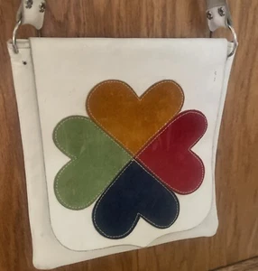 Vintage 70s White Leather With Suede Rainbow Hearts Flap Purse - Picture 1 of 12