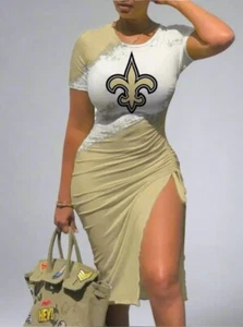 New Orleans Saints Women's Gold & White Bodycon Lace Up Dress - Picture 1 of 3